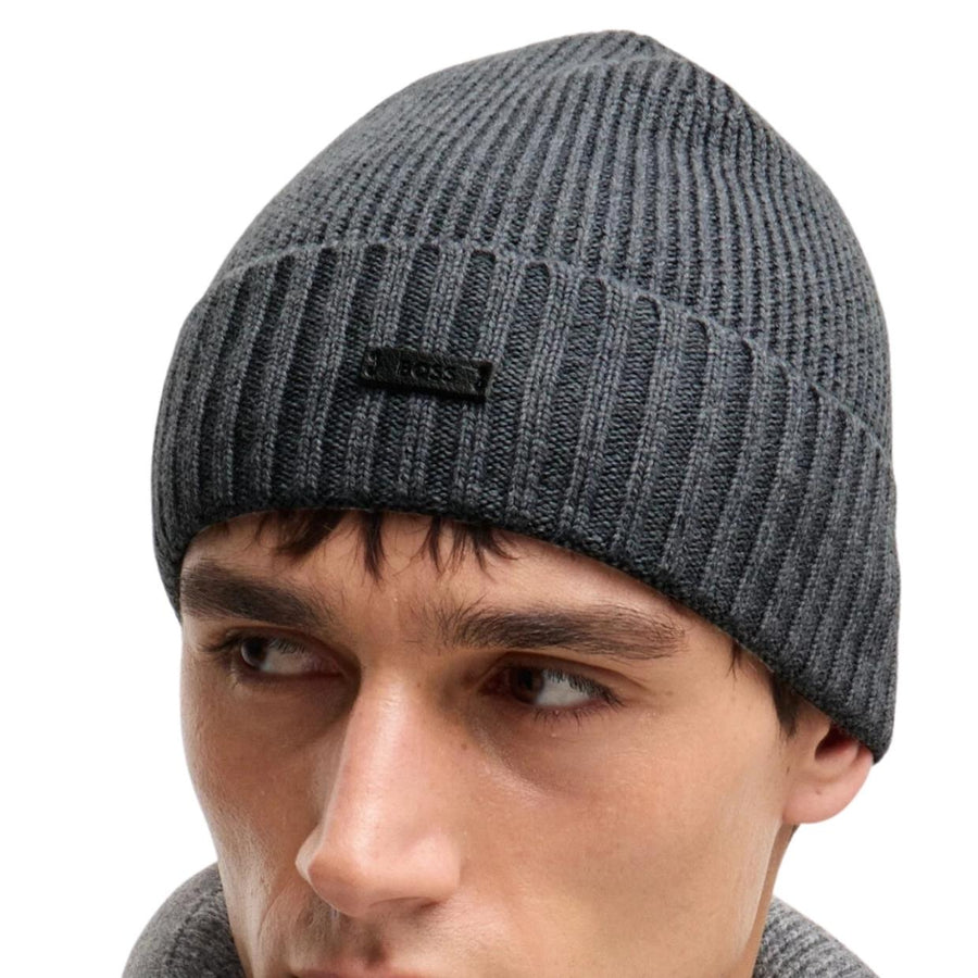 BOSS Logo Tag Grey Wool Beanie Hat