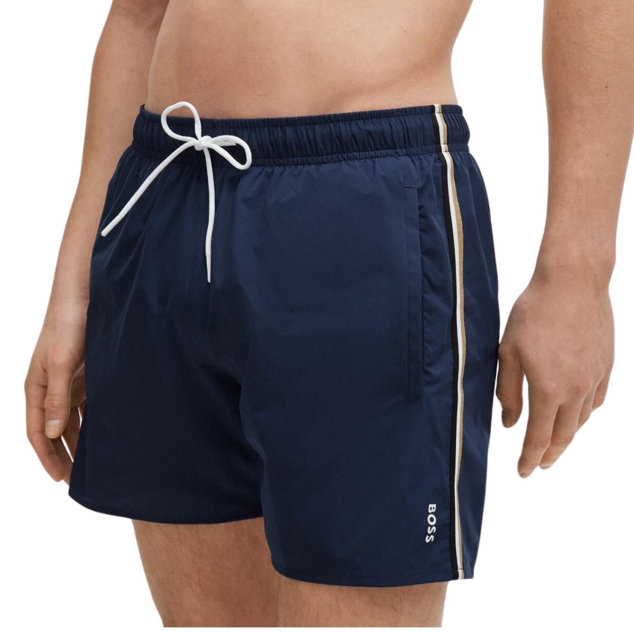 BOSS Stripe & Logo Iconic Navy Swim Shorts