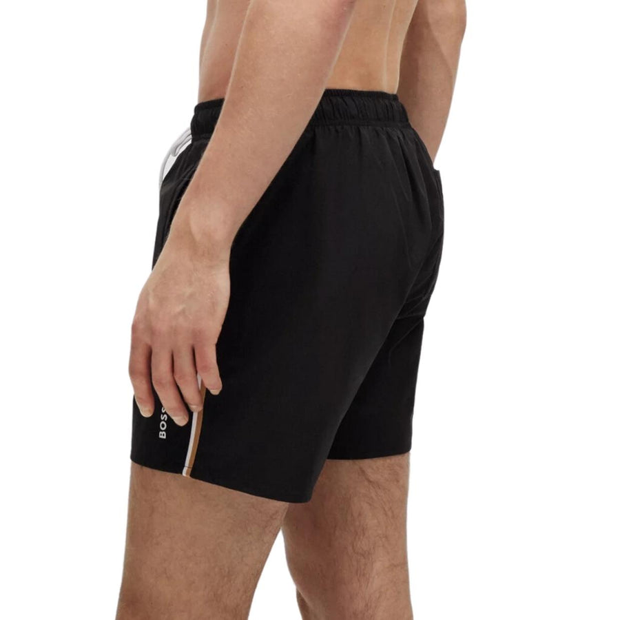 BOSS Stripe & Logo Iconic Black Swim Shorts