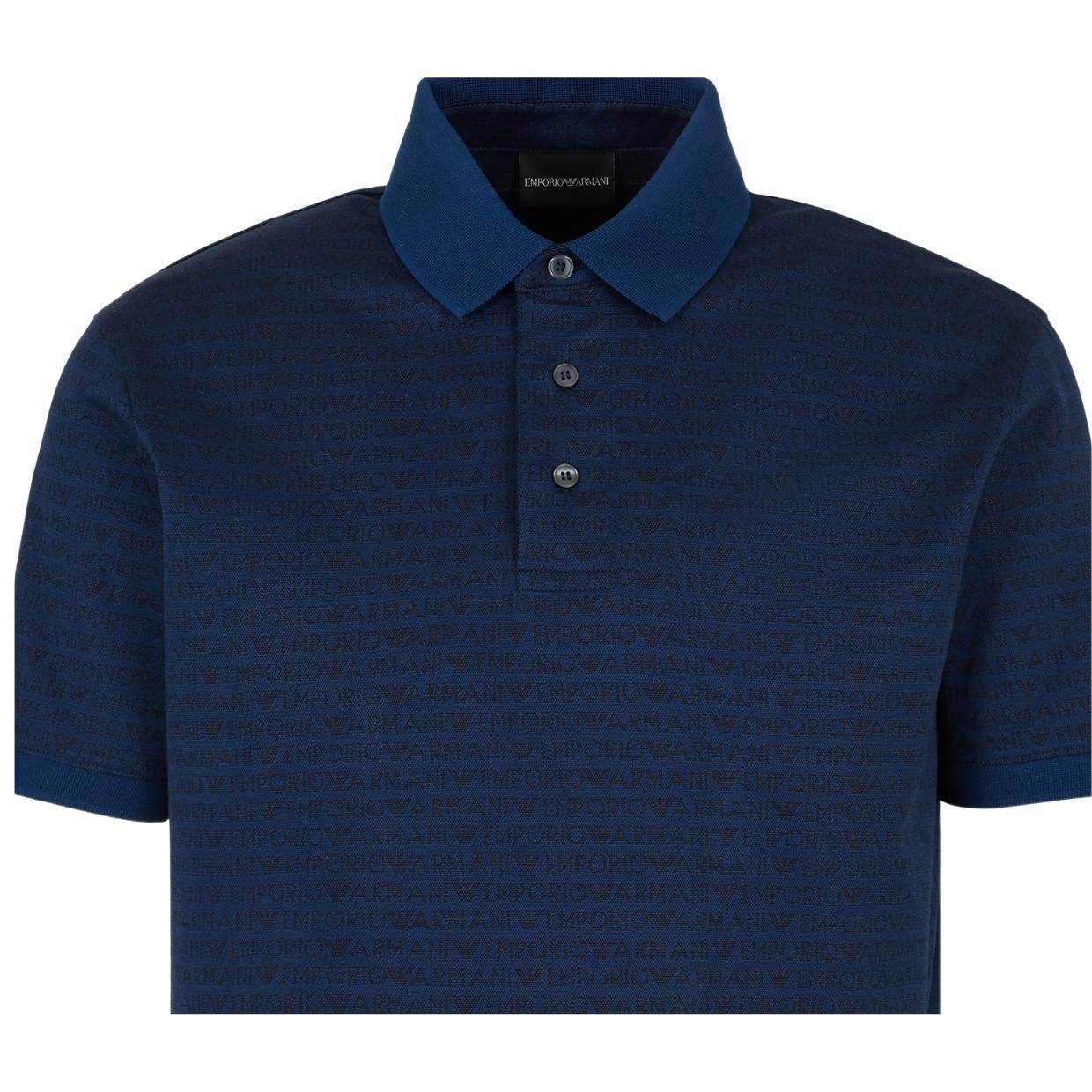 Emporio Armani All-Over Jacquard Lettering Logo Blue Polo Shirt