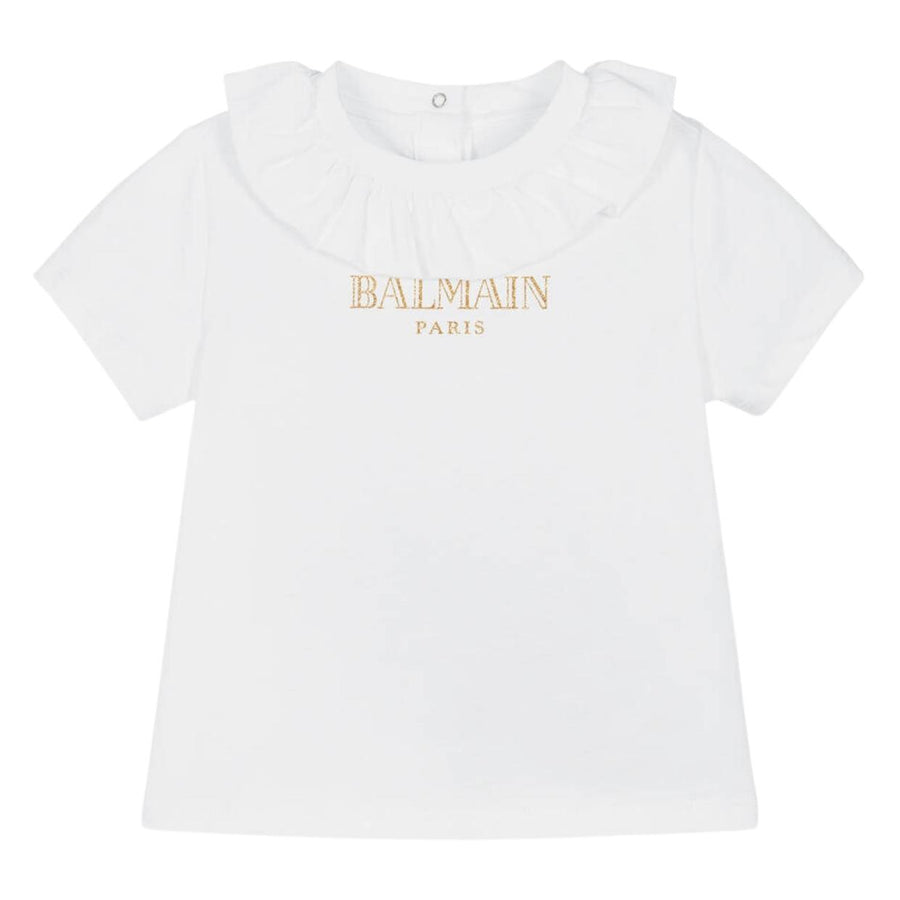 Balmain Baby Ruffled Collar White T-Shirt