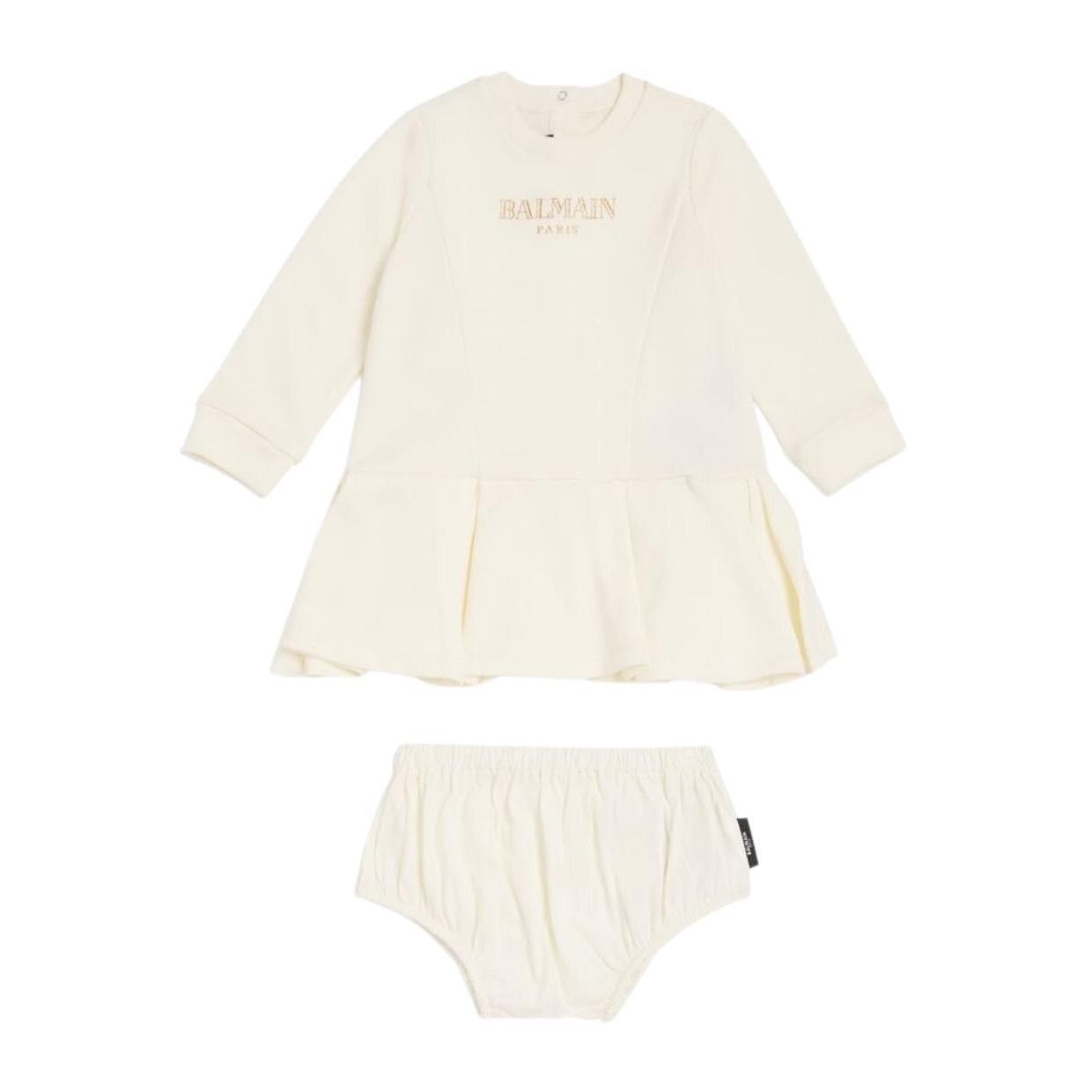 Balmain Baby Printed Logo Ivory Sweat Dress & Bloomers Set