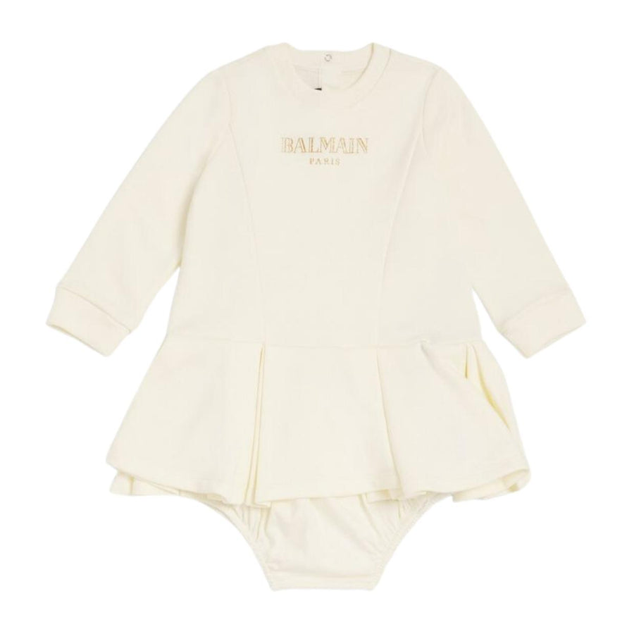 Balmain Baby Printed Logo Ivory Sweat Dress & Bloomers Set