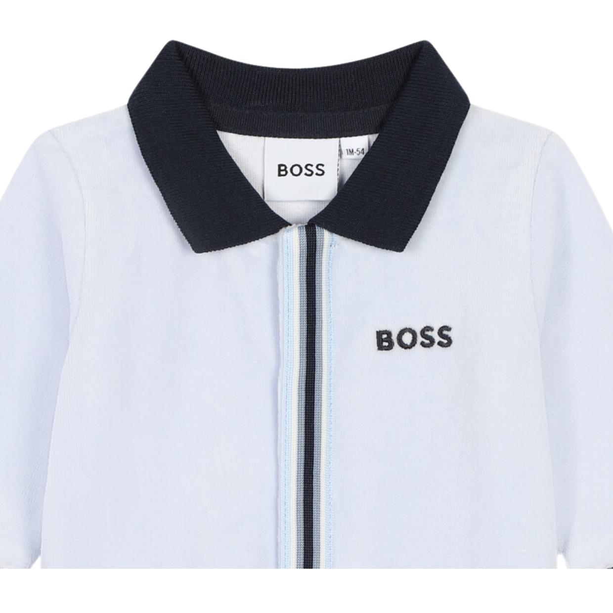 BOSS Baby Sky Blue Velvet Polo Neck Babygrow