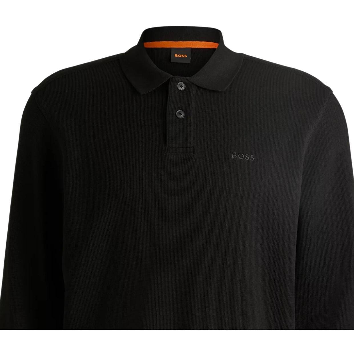 BOSS Stretch Cotton Blend Waffle Structure Black Polo Shirt