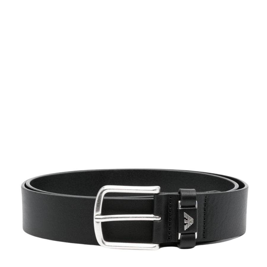 Emporio Armani Sliver-Tone Eagle Logo Black Buckle Belt