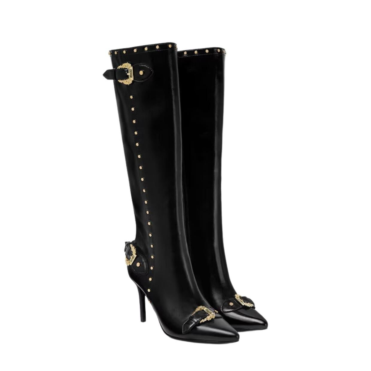 Versace Jeans Couture Scarlett Baroque Buckle Black Knee High Boots