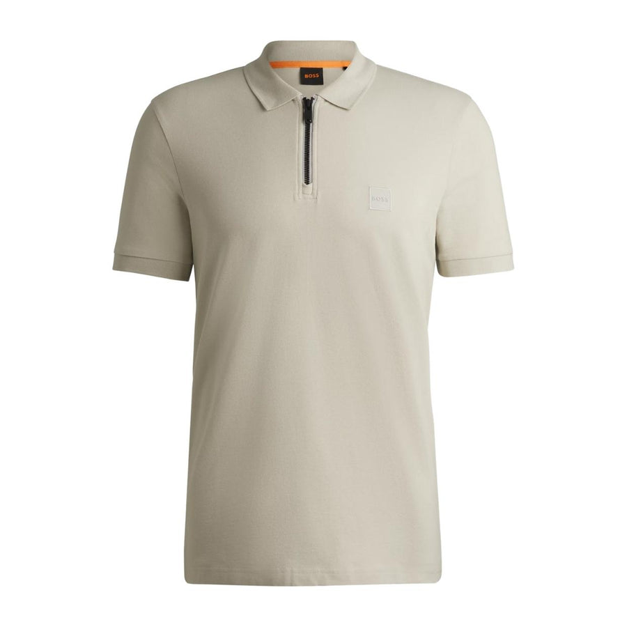 BOSS Passerzip Logo Patch Half Zip Light Beige Polo Shirt