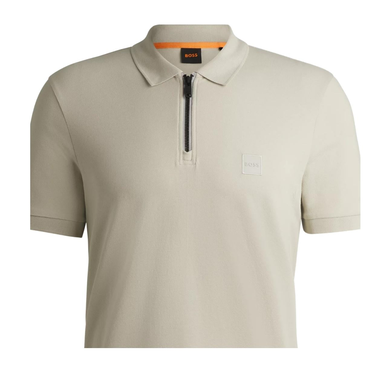 BOSS Passerzip Logo Patch Half Zip Light Beige Polo Shirt