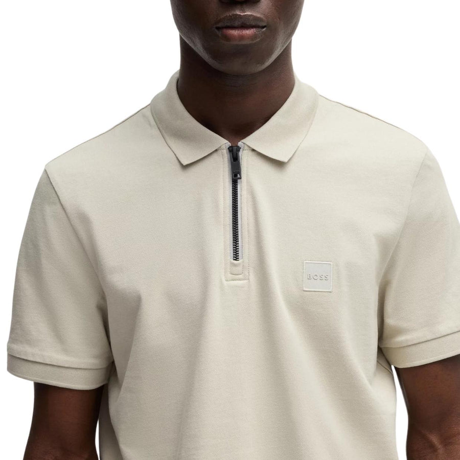 BOSS Passerzip Logo Patch Half Zip Light Beige Polo Shirt