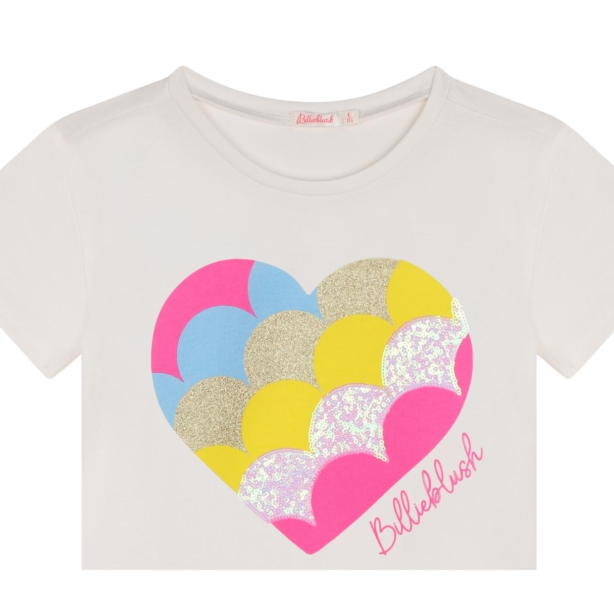 Billieblush Kids Heart Sequins Short Sleeve Ivory T-Shirt