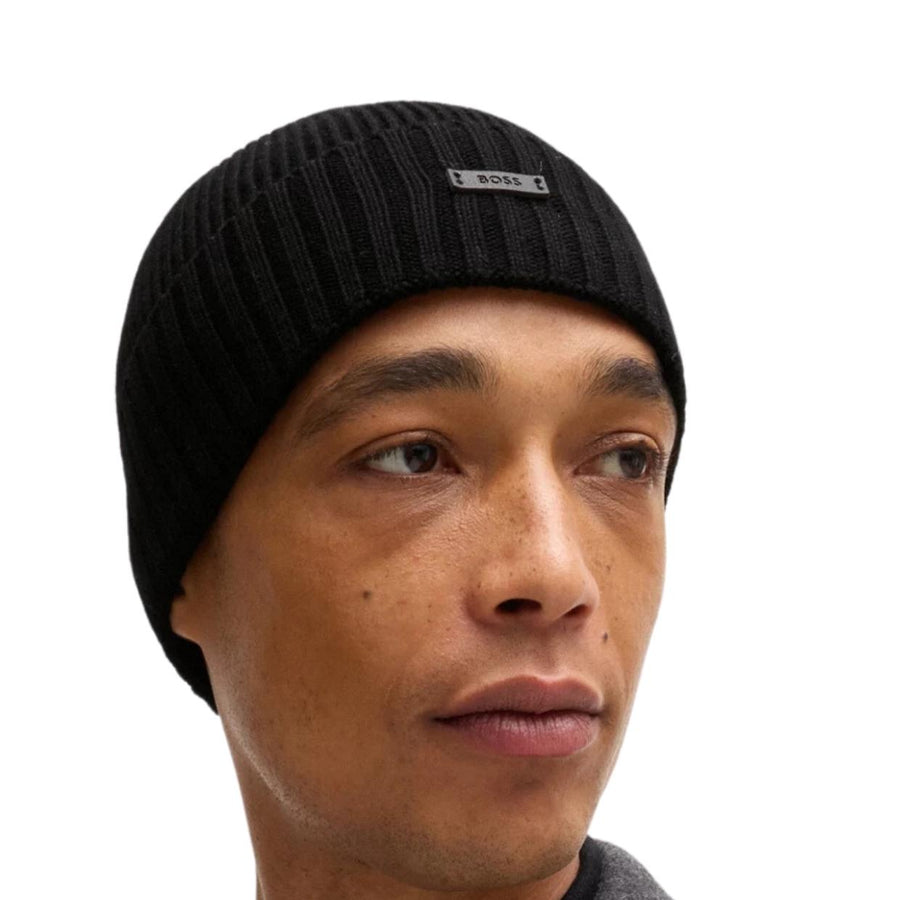 BOSS Logo Tag Black Wool Beanie Hat