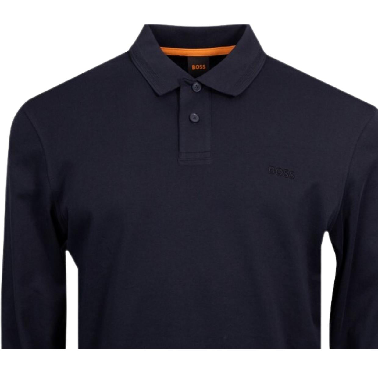 BOSS Pe Interlock Long Sleeve Navy Polo Shirt