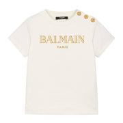 Balmain Kids Embroidered Logo Ivory Button T-Shirt