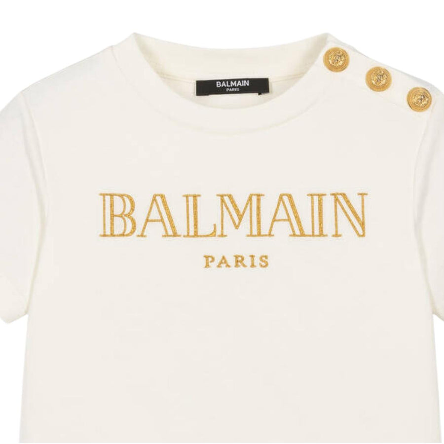 Balmain Kids Embroidered Logo Ivory Button T-Shirt