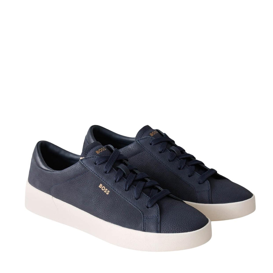 BOSS Belwar Gold Logo Tumbled Leather Dark Blue Trainers