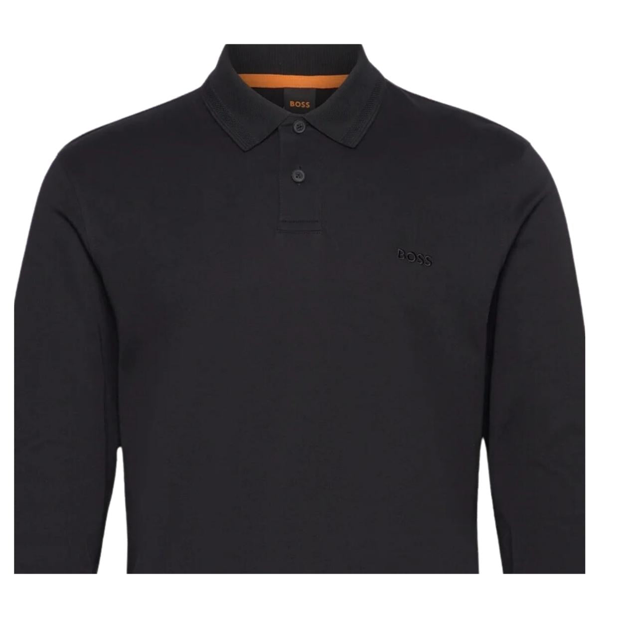 BOSS Pe Interlock Long Sleeve Black Polo Shirt