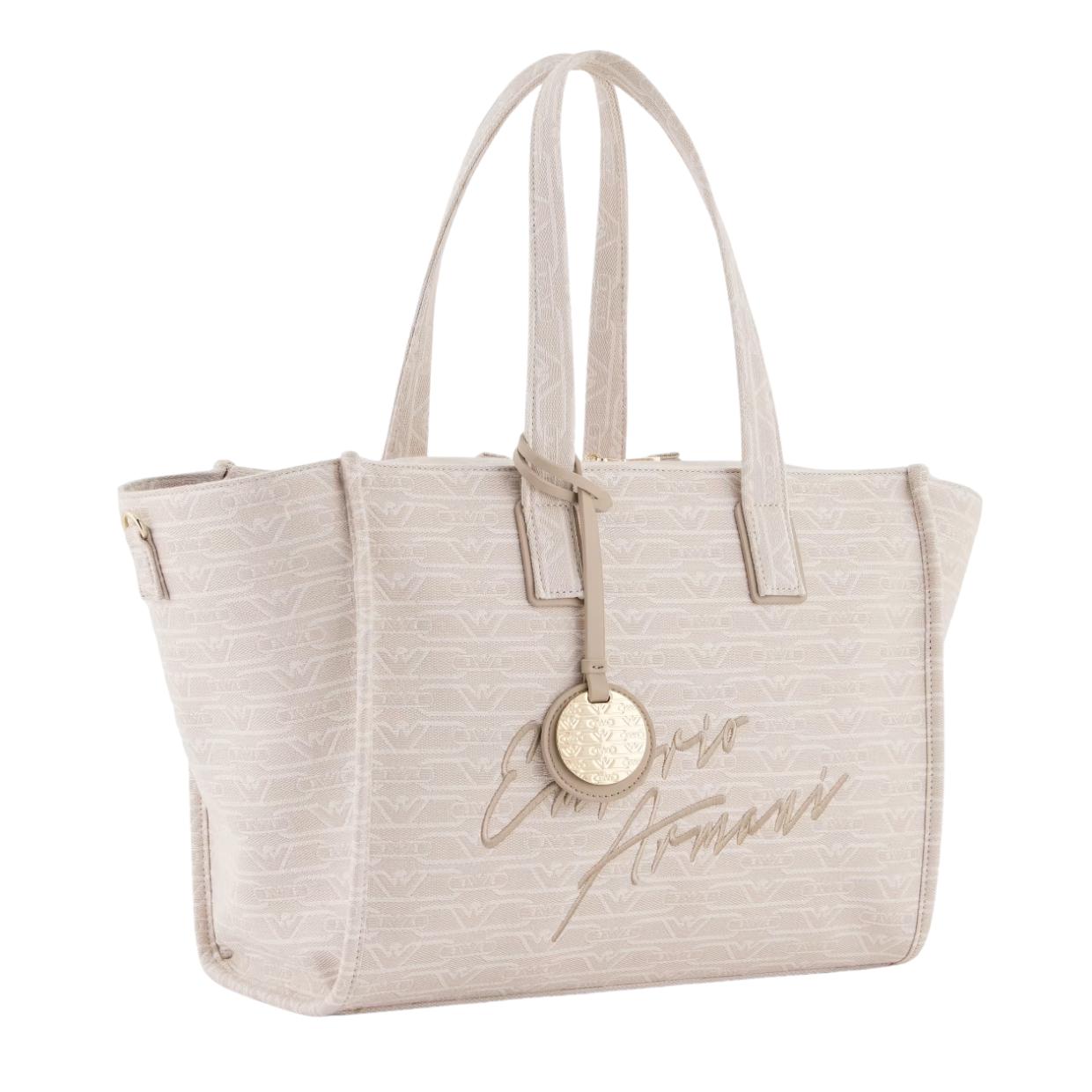 Emporio Armani Medium Jacquard All-Over Monogram Beige Tote Bag