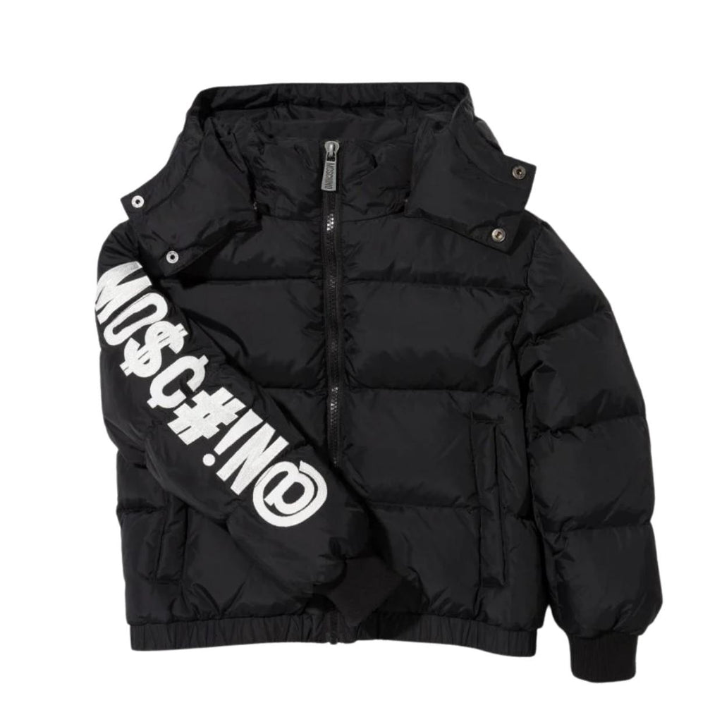 Moschino Kids Black Embroidered Slogan Logo Puffer Jacket – Retro ...